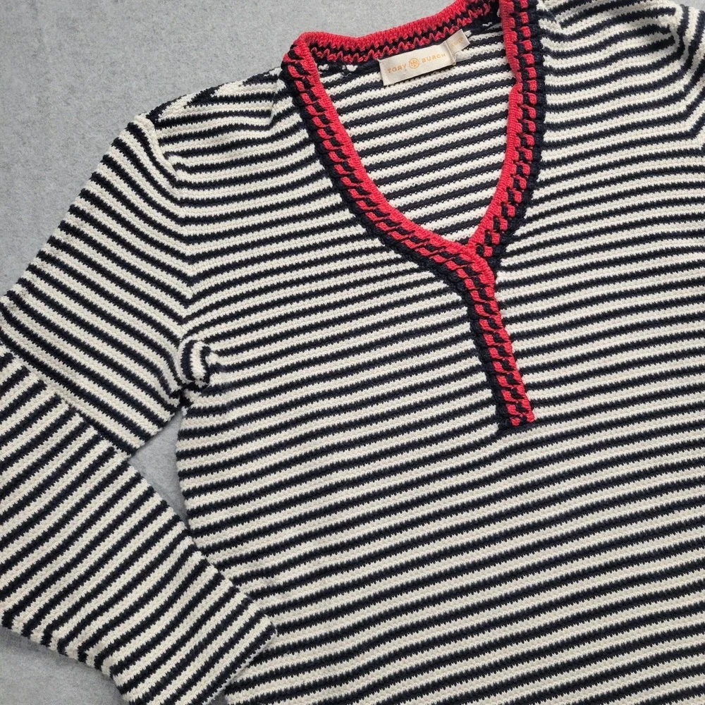 Tory Burch Sweater Women's XSmall Striped V-neck Pullover 3/4 Sleeve Cotton